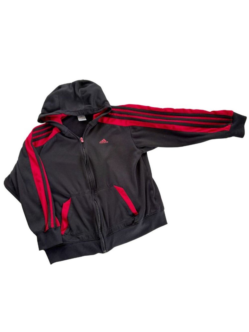 Adidas Kids Full-Zip Hooded Track Jacket - Black & Red 3-Stripe Sporty Hoodie